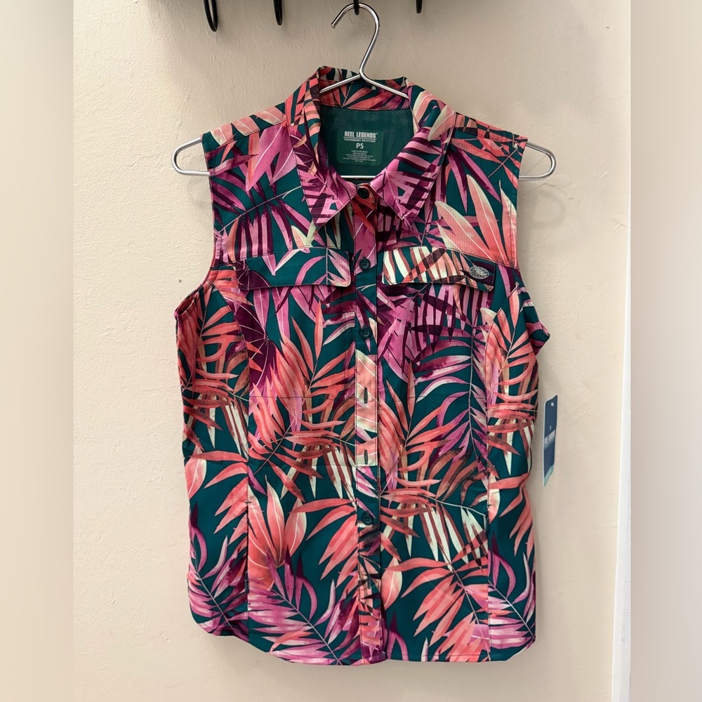 Reel Legends Tropical Leaf Button-Front Tank in Teal, Pink & Coral